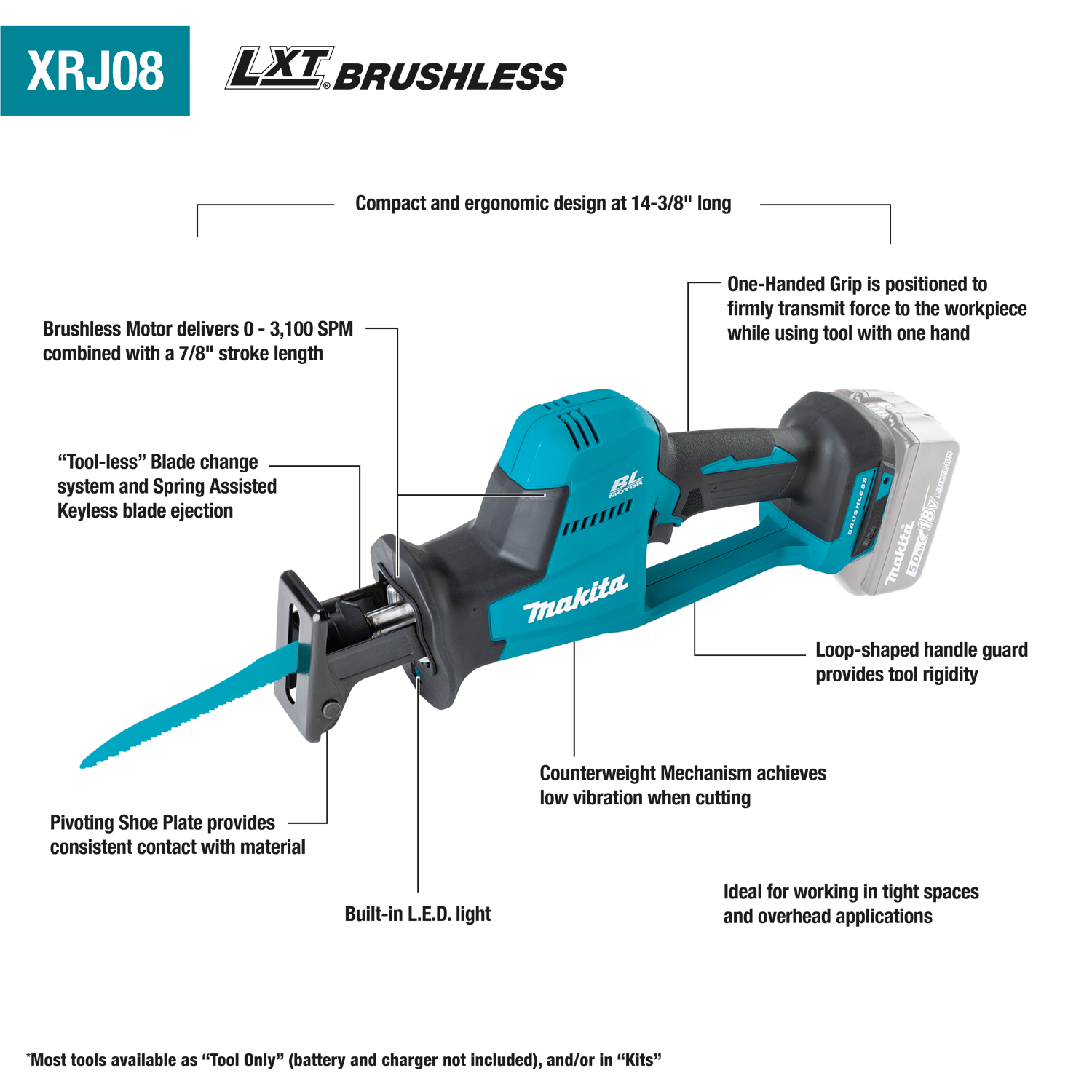 MAKITA XRJ08Z 18V LXT BRUSHLESS COMPACT RECIPROCATING SAW BARE