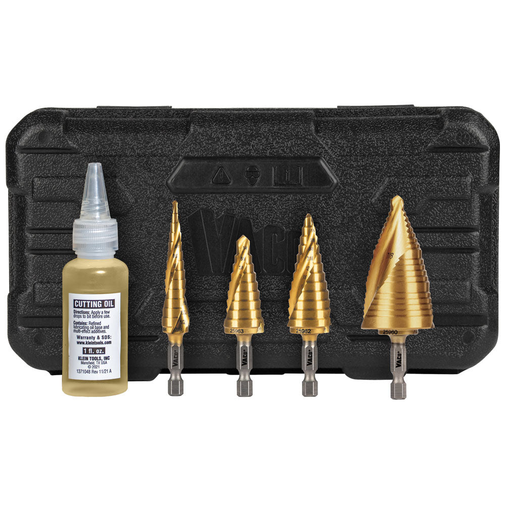 KLEIN 25950 Step Bit Kit, Spiral Double-Fluted, VACO, 4-Piece