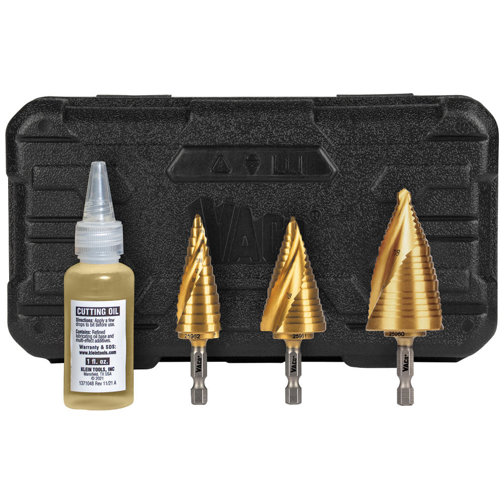 KLEIN 25951 Step Bit Kit, Spiral Double-Fluted, VACO, 3-Piece