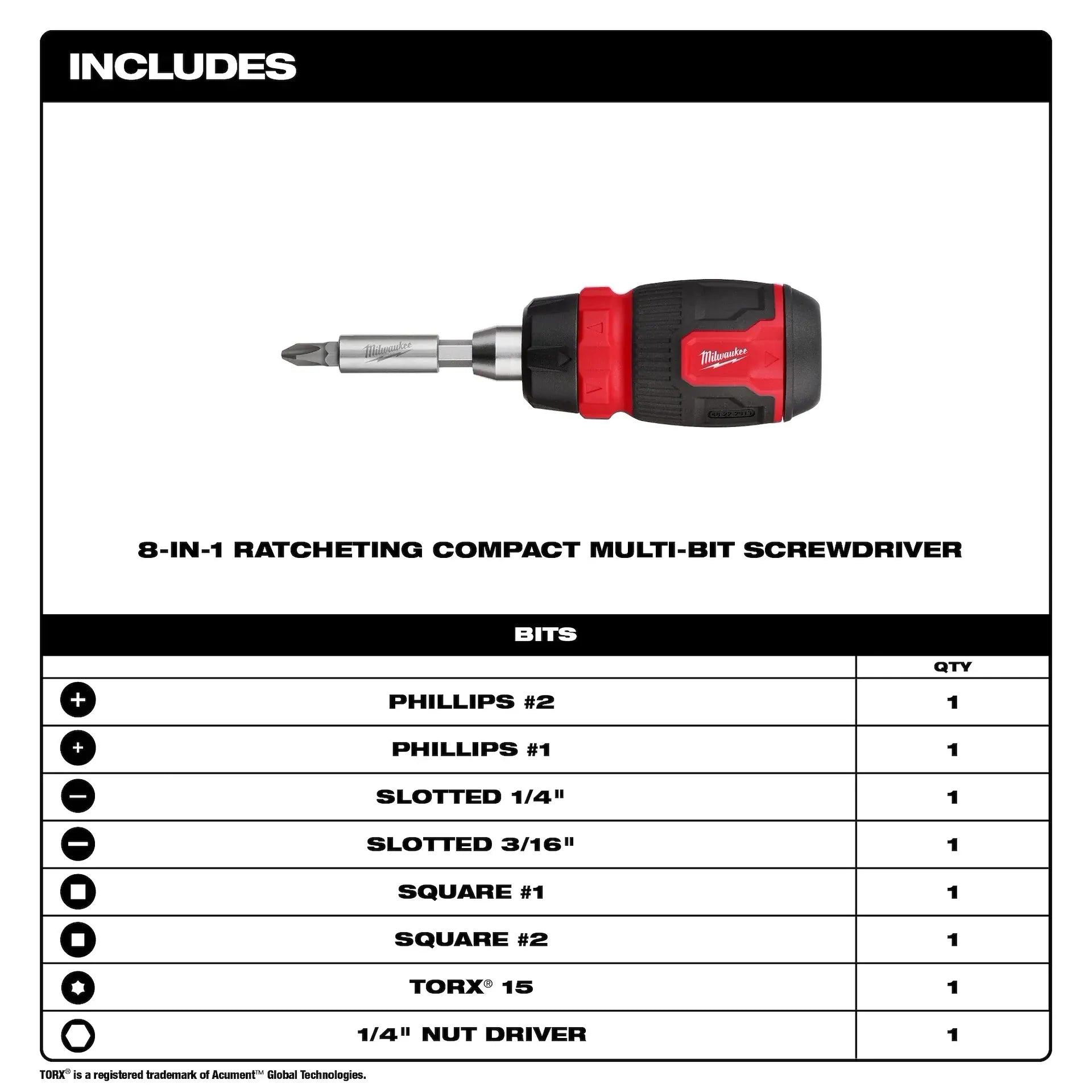 MILWAUKEE 48-22-2913 8IN1 RATCHETING COMPACT MULTI-BIT SCREWDRIVER
