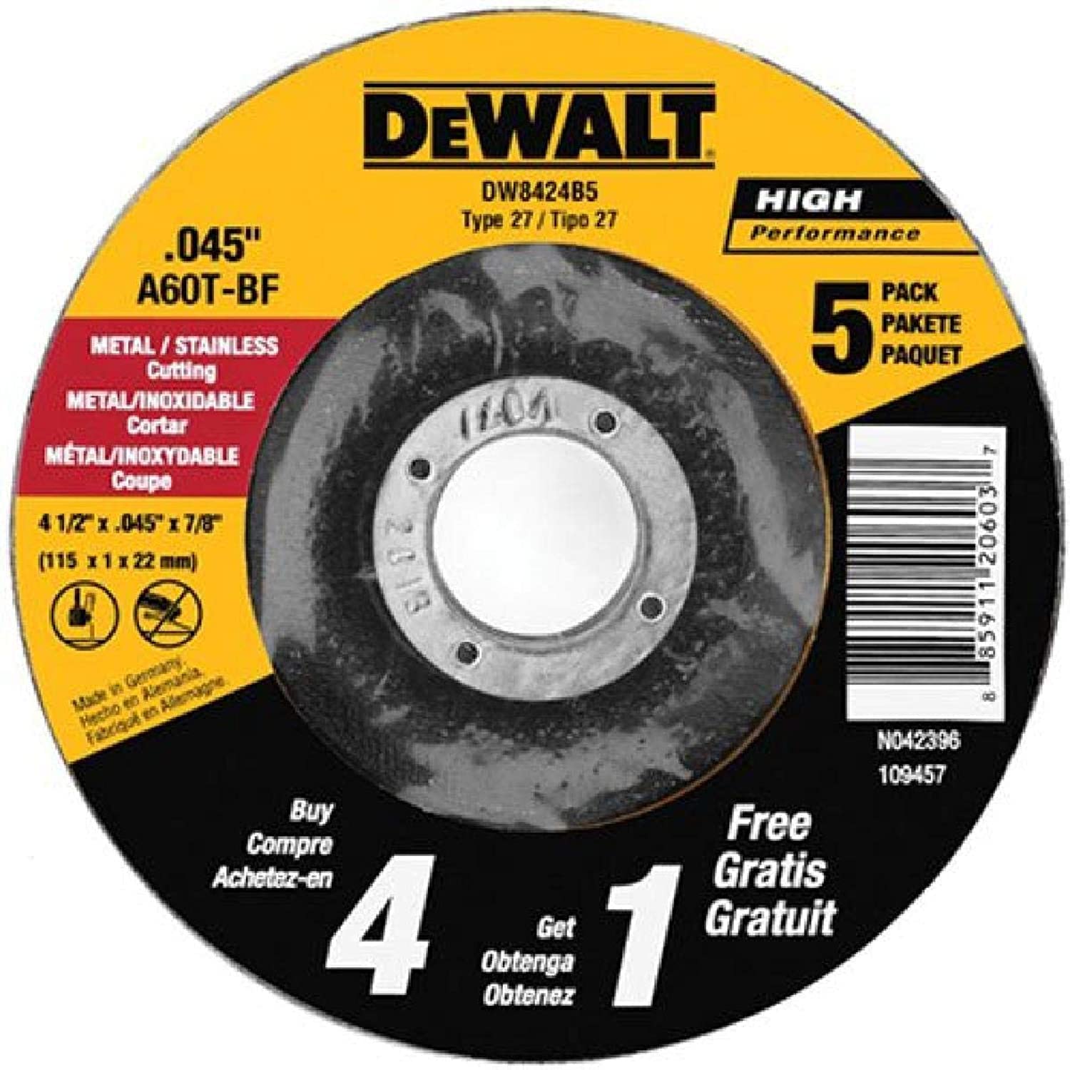 DeWalt DW8424B5 4-1/2x.045x7/8 THIN CUTTING WHL DCW 5
