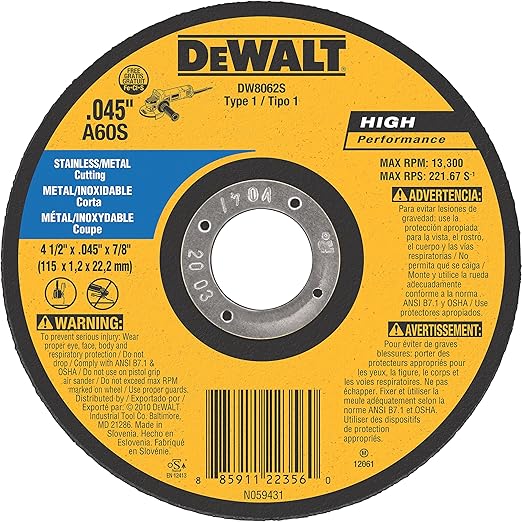 DeWalt DW8062S 4-1/2 x .045 x 7/8 HP T1 SS Cutting