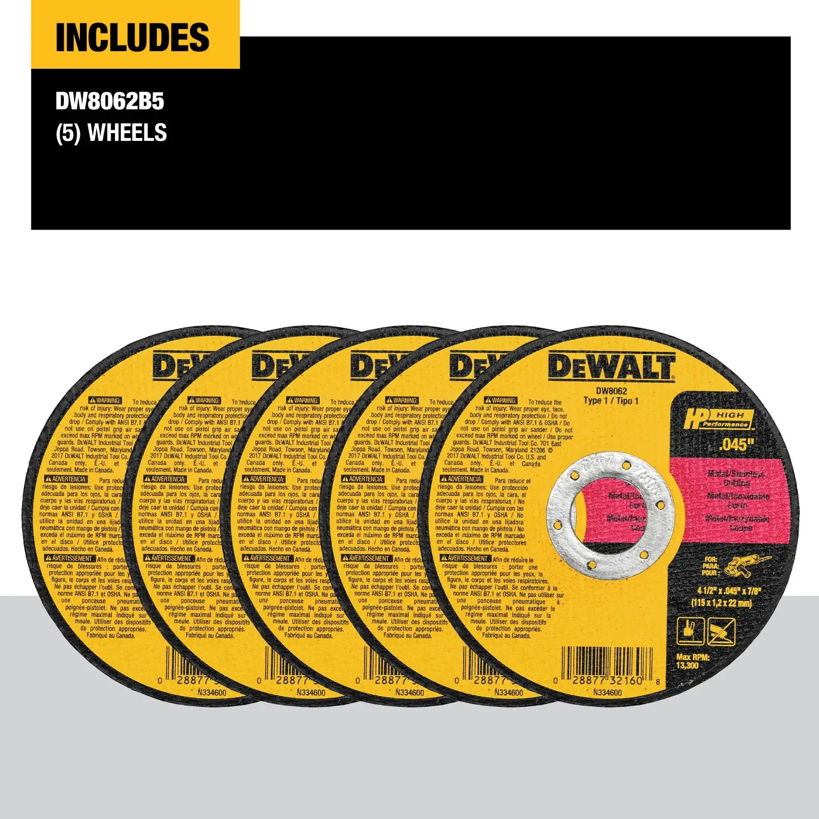DeWalt DW8062B5 4-1/2 x .045 x 7/8 HP T1 Cutting 5PK