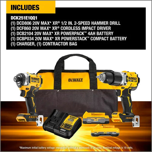 DeWalt DCK251E1QQ1 20V MAX* XR?2-Speed Hammer Drill/Impact 2-Tool Combo Kit with XR?Batteries