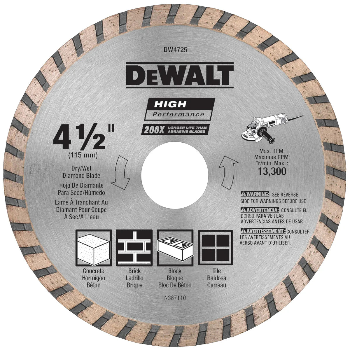 DeWalt DW4725 4-1/2IN HIGH PERF MASONRY BLADE CARDED