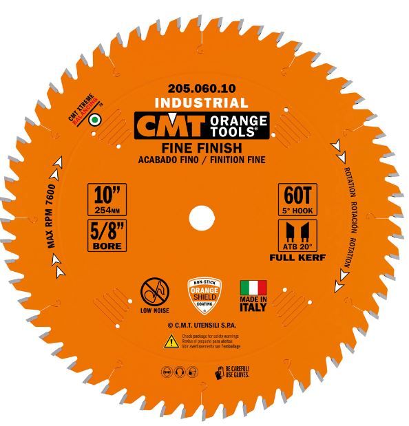 CMT 205.060.10 10" FULL-KERF INDUSTRIAL FINE-FINISH BLADE B=5/8" T=60 ATB