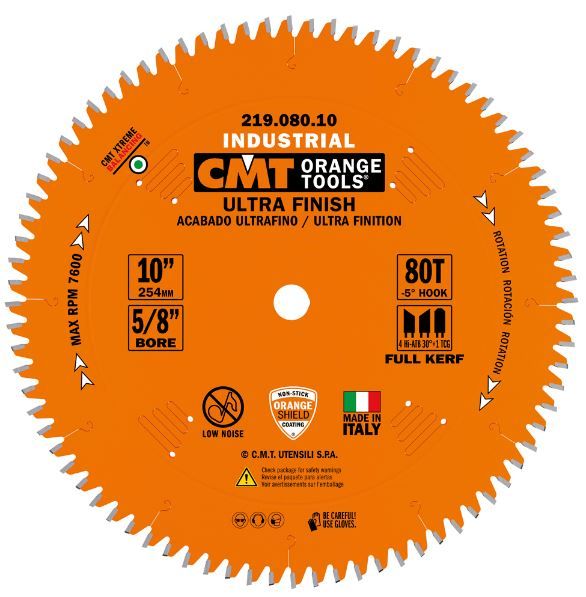 CMT 219.080.10 10" FULL-KERF INDUSTRIAL ULTRA-FINISH BLADE B=5/8" T=80 Hi-ATB+TCG