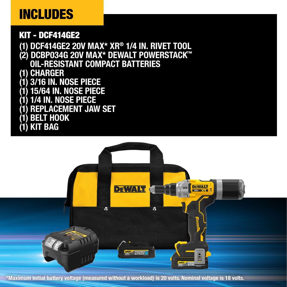 DeWalt DCF414GE2 20V MAX 1/4 RIVET TOOL PS 2X1.7AH GFN KT