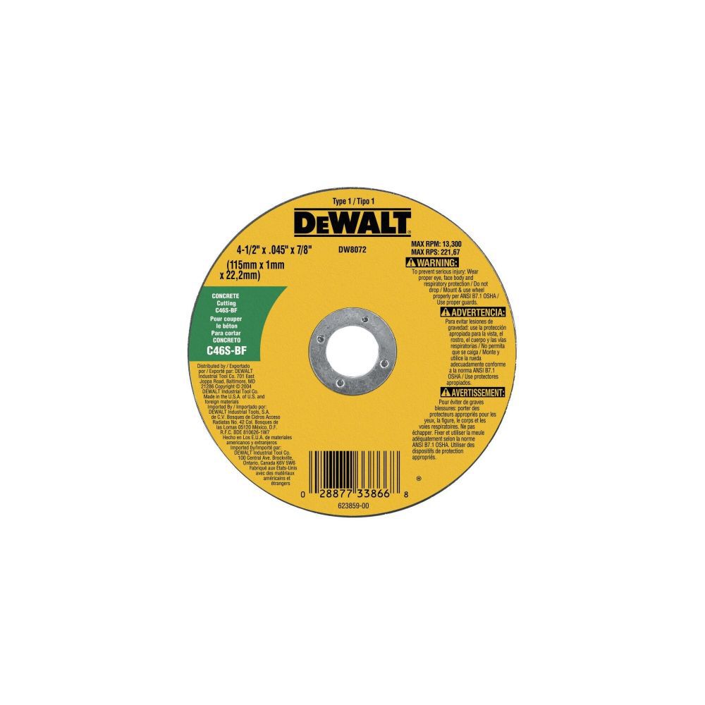 DeWalt DW8072 4-1/2 x.045 x 7/8 HP T1 Concrete Cutting