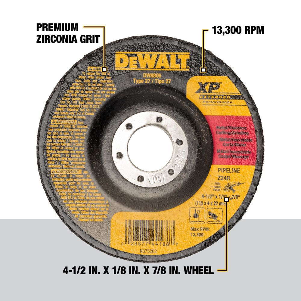 DeWalt DW8806 4-1/2 X 1/8 X 7/8 ZIRCONIA ABRASIVE