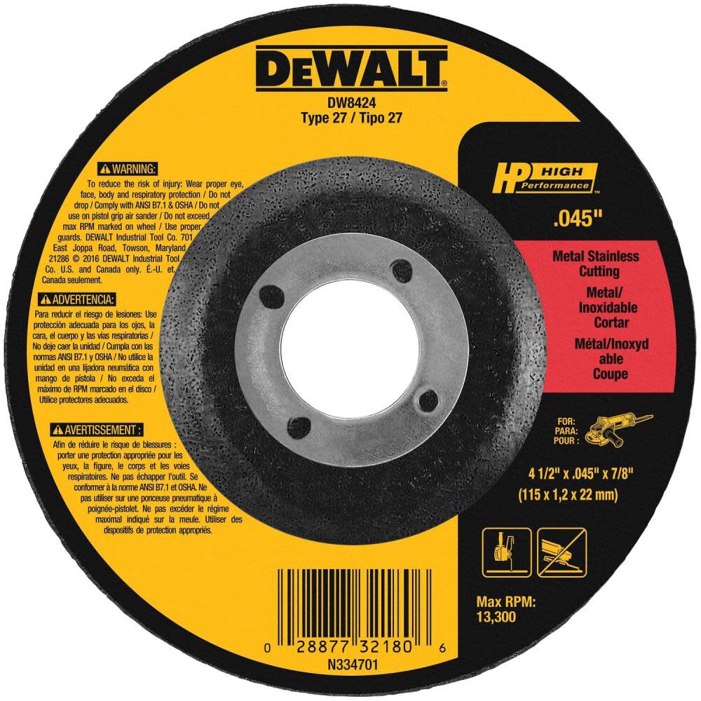 DeWalt DW8424 4-1/2 X .045 X 7/8IN THIN CUTTING WHEEL