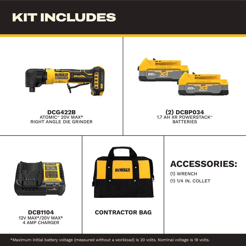 DeWalt DCG422E2 ATOMIC?20V MAX* Right Angle Die Grinder Kit