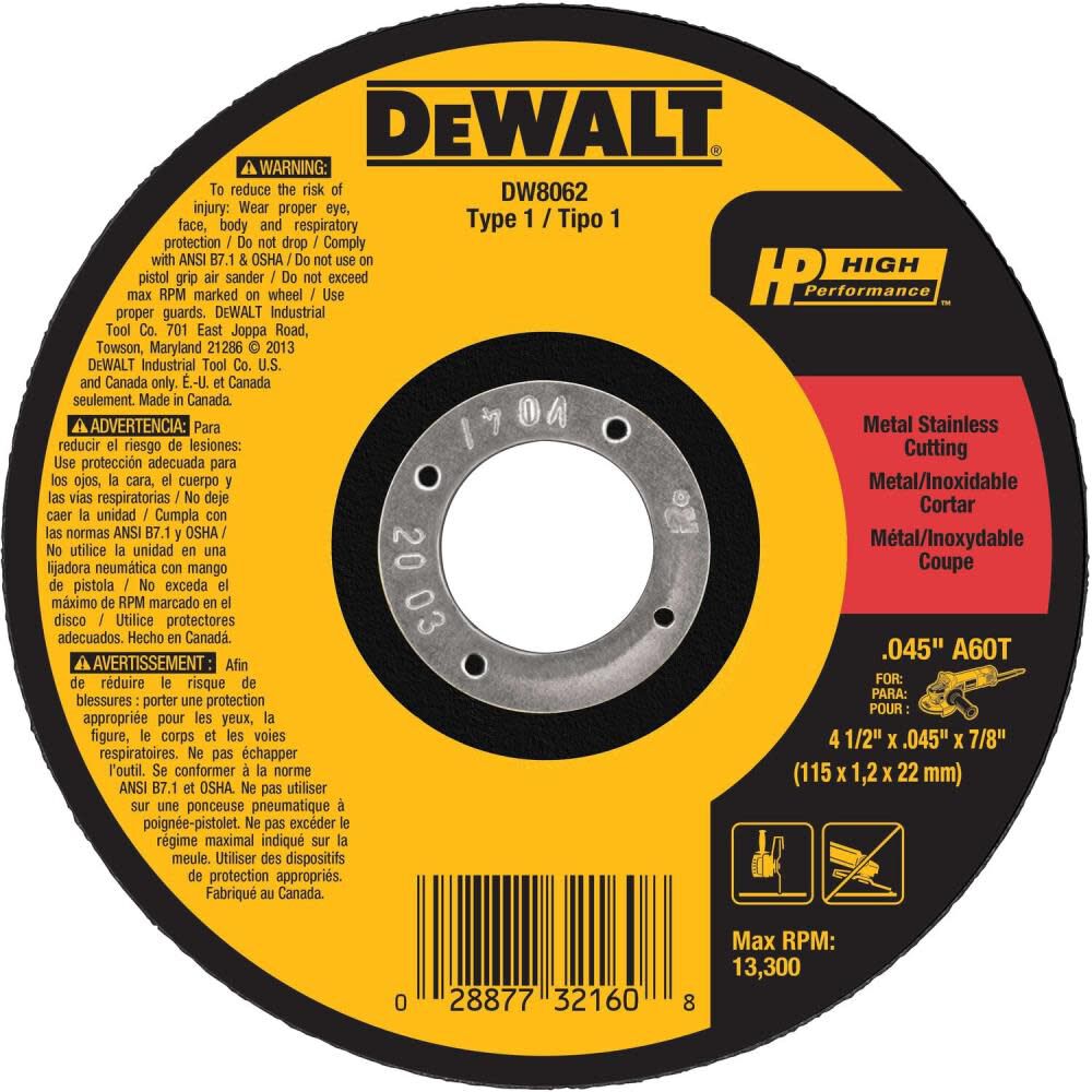 DeWalt DW8062 4-1/2 x .045 x 7/8 HP T1 Cutting