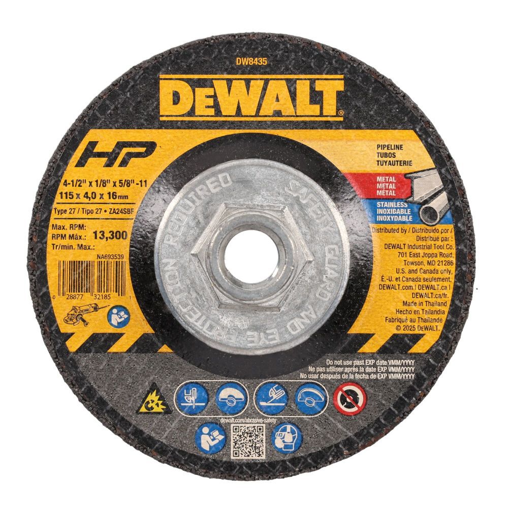 DeWalt DW8435 4-1/2X1/8X5/8-11 PIPELINER CUT/GRD WH