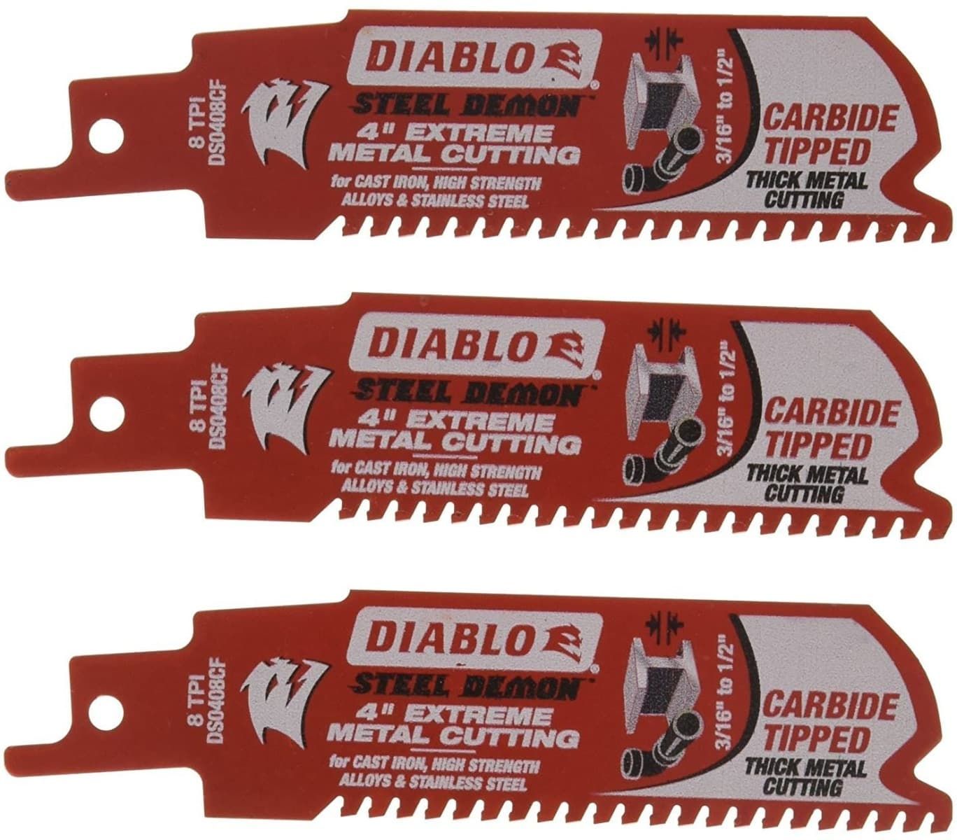 DIABLO DS0408CF3 4 Inch Steel Demon Carbide Reciprocating Blades for Thick Metal 3-Pack