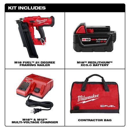 MILWAUKEE 2744-21 M18 FUEL 3-1/2 in. 18-Volt 21? Lithium-Ion Brushless Cordless Framing Nailer Kit with 5.0 Ah Battery, Charger, Bag