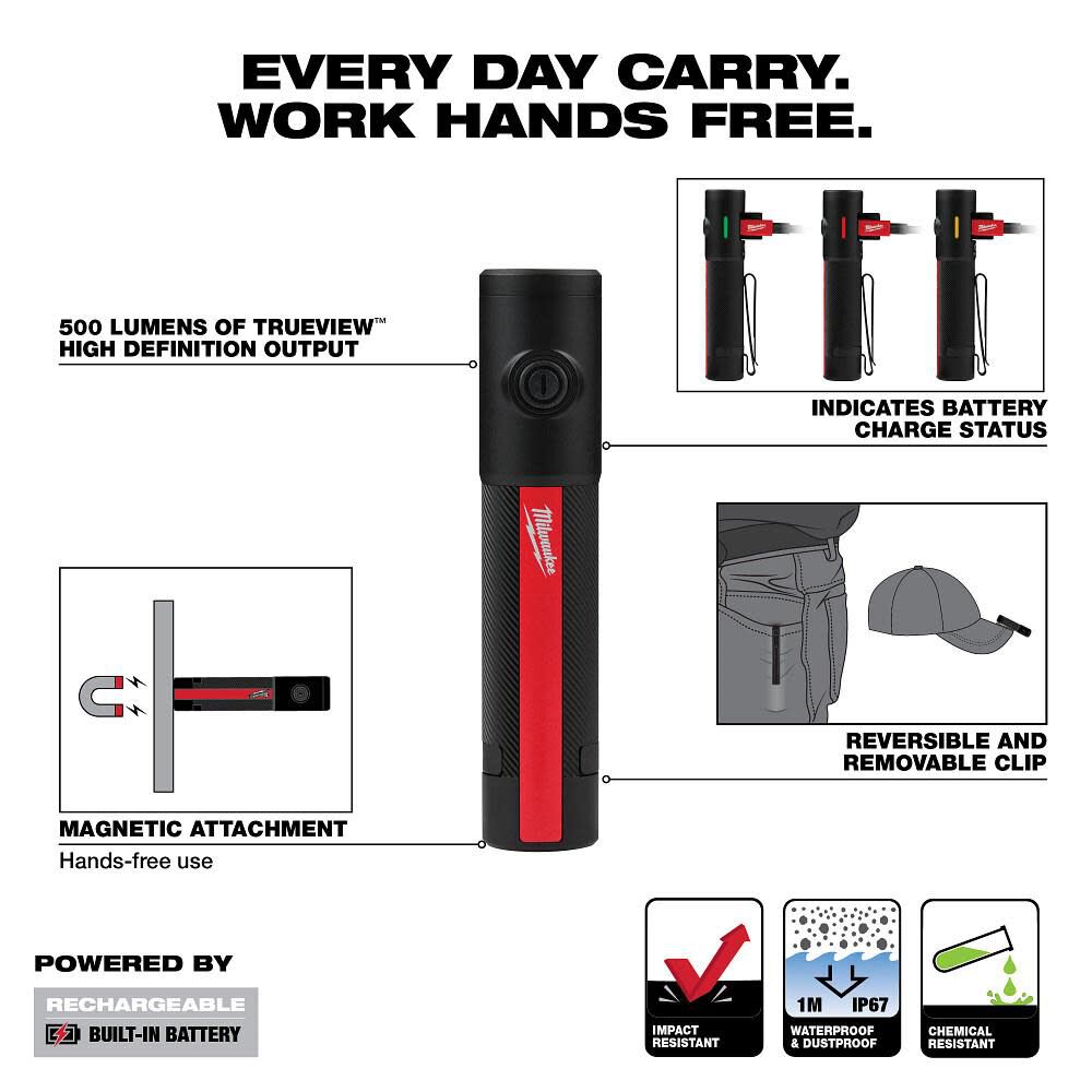 Milwaukee 2011R Milwaukee® Rechargeable 500L Everyday Carry Flashlight w/ Magnet
