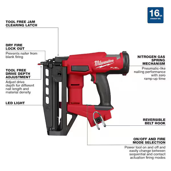 Milwaukee 3020-20 M18 FUEL™ 16 Gauge Straight Finish Nailer