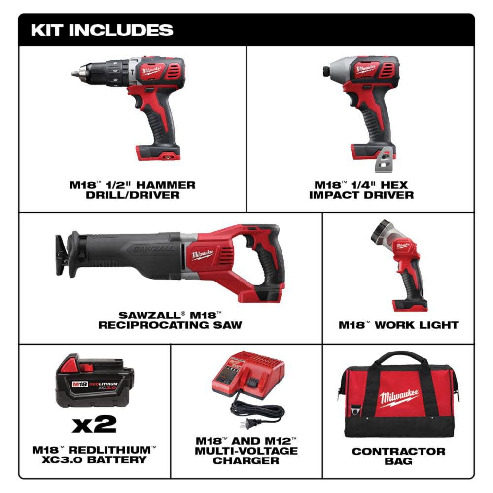 Milwaukee 2696-24 M18™ Cordless LITHIUM-ION 4-Tool Combo Kit