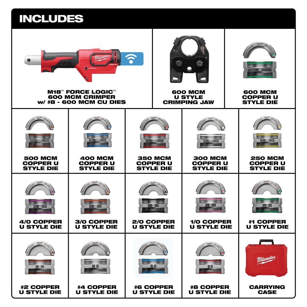 Milwaukee 2679-600CU M18™ FORCE LOGIC™ 600 MCM Crimper with #8 - 600 MCM Cu Dies