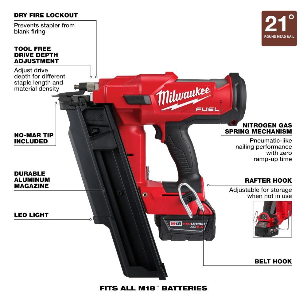 MILWAUKEE 2744-21 M18 FUEL 3-1/2 in. 18-Volt 21? Lithium-Ion Brushless Cordless Framing Nailer Kit with 5.0 Ah Battery, Charger, Bag