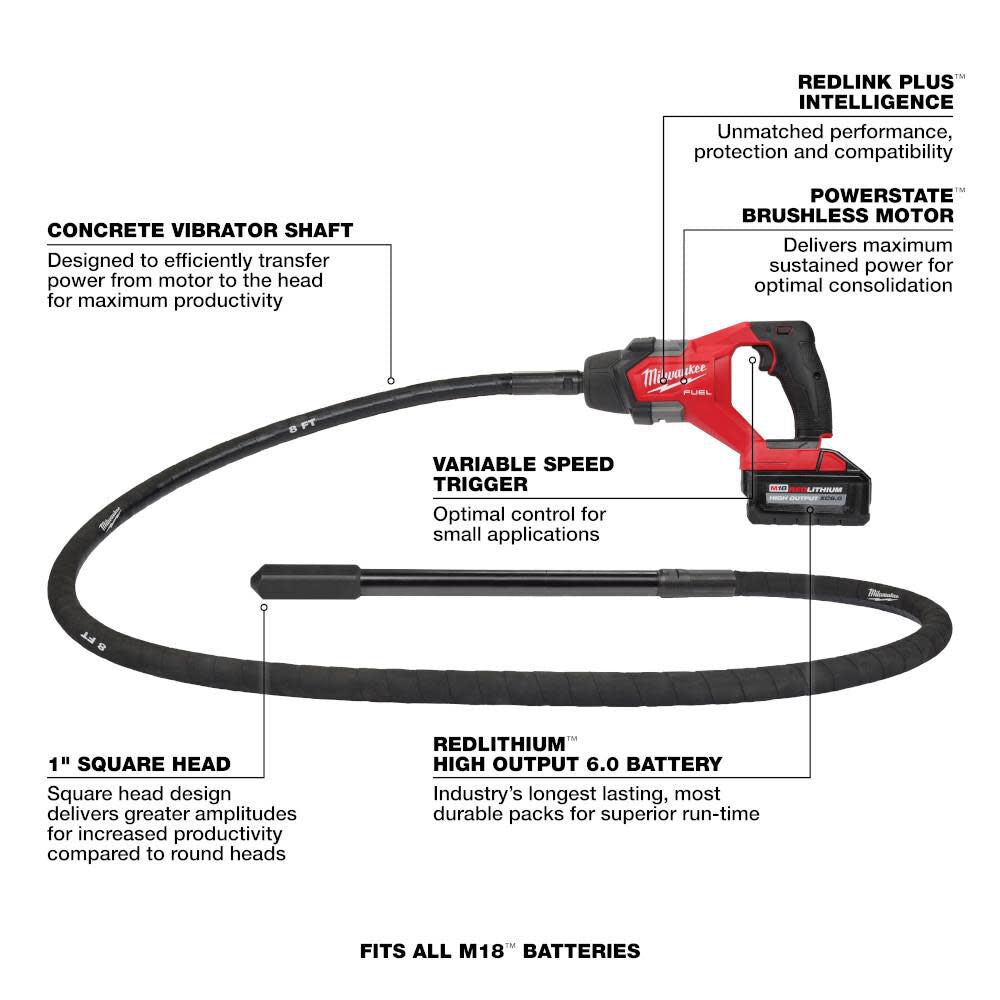 Milwaukee 2911-21 M18 FUEL™ 8' Concrete Pencil Vibrator Kit