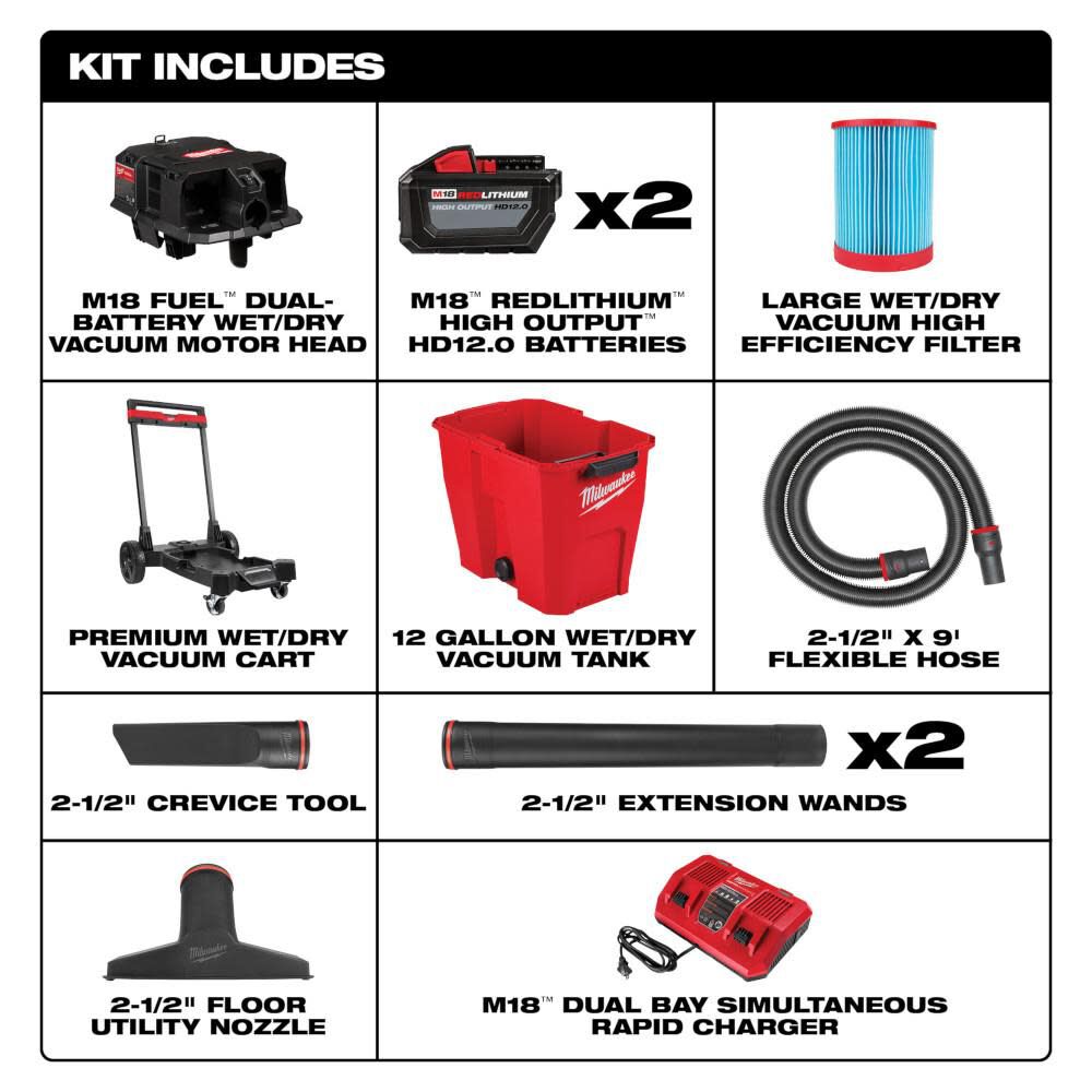 Milwaukee 0930-22HD M18 FUEL™ 12 Gallon Dual-Battery Wet/Dry Vacuum Kit