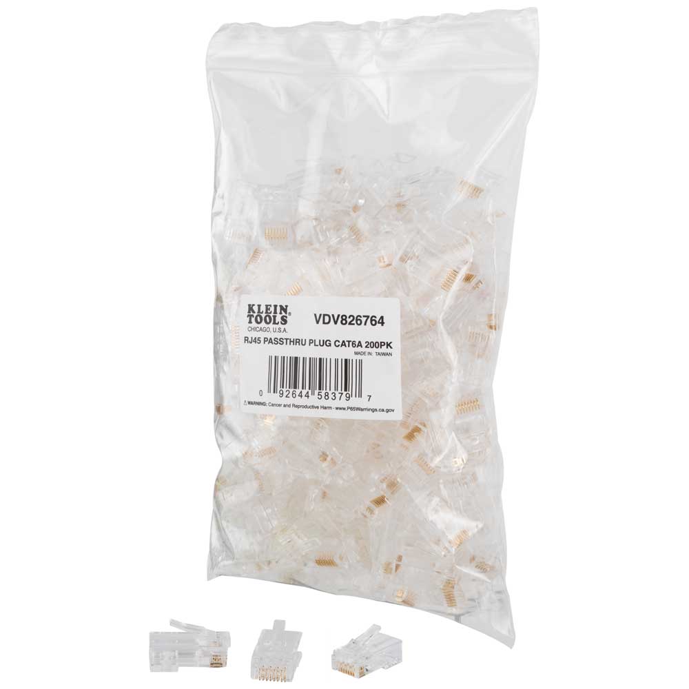 KLEIN VDV826-764 Pass-Thru™ Modular Data Plugs, RJ45-CAT6A, UTP 200-Pack