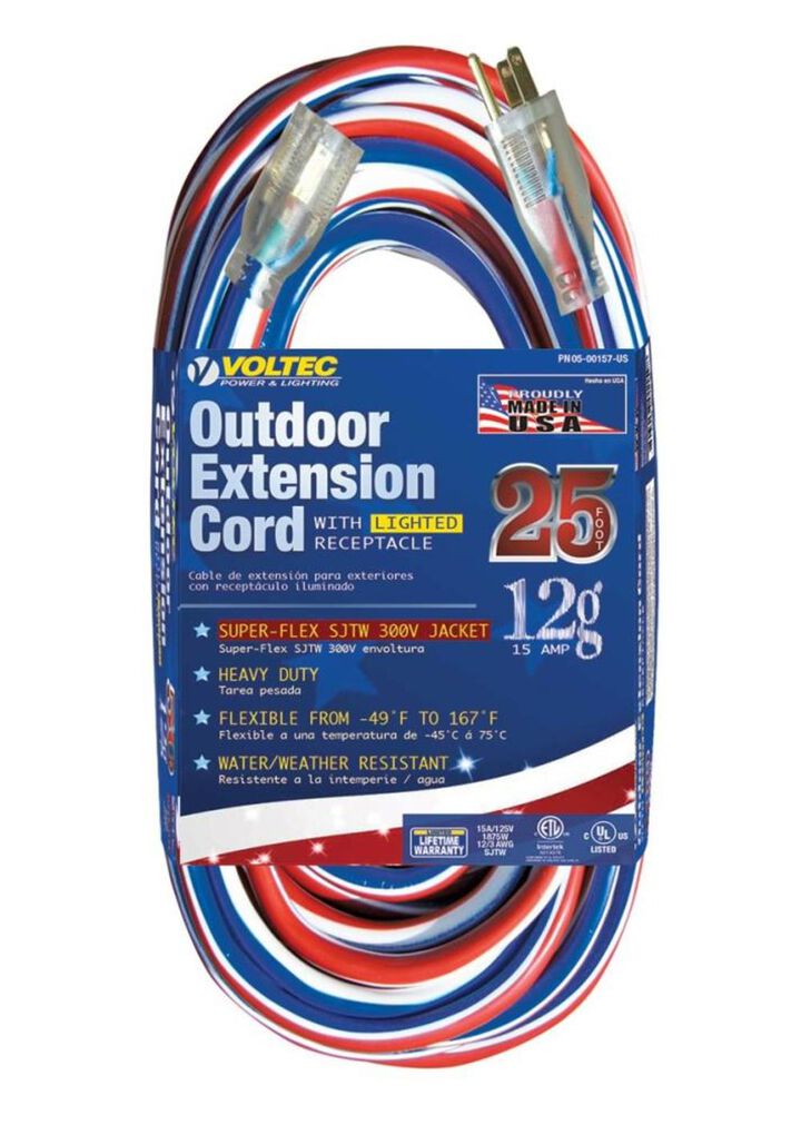 VOL-05-00157-US 25ft x 12/3 SJTW Red/White & Blue Ext Cord w/Lighted End, MADE IN THE USA. VOL-NEMA 5-15.