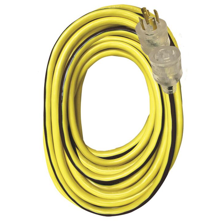 VOL-05-00514 25ft 10/4 SJTW Yellow Ext Cord with Black Stripe and Lighted End, NEMA L14-30