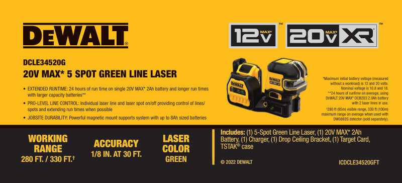 DEWALT DCLE34520G 20V MAX* 5 SPOT GREEN LINE LASER KIT