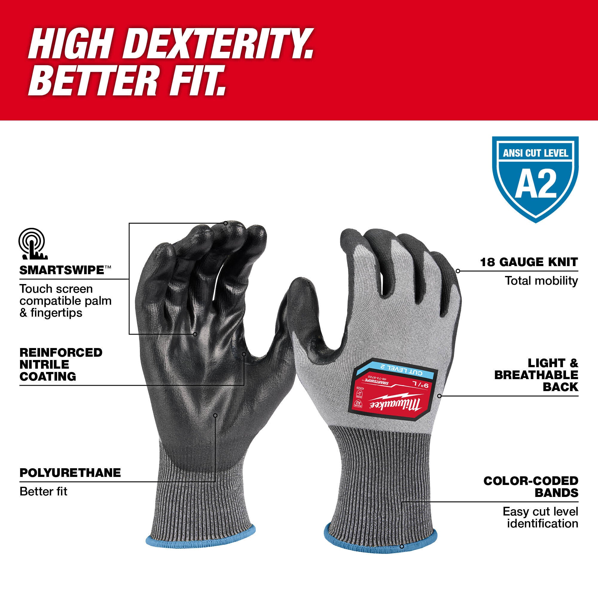 MILWAUKEE 48-73-8723 (6) CUT 2 HIGH DEXTERITY GLOVE - XL