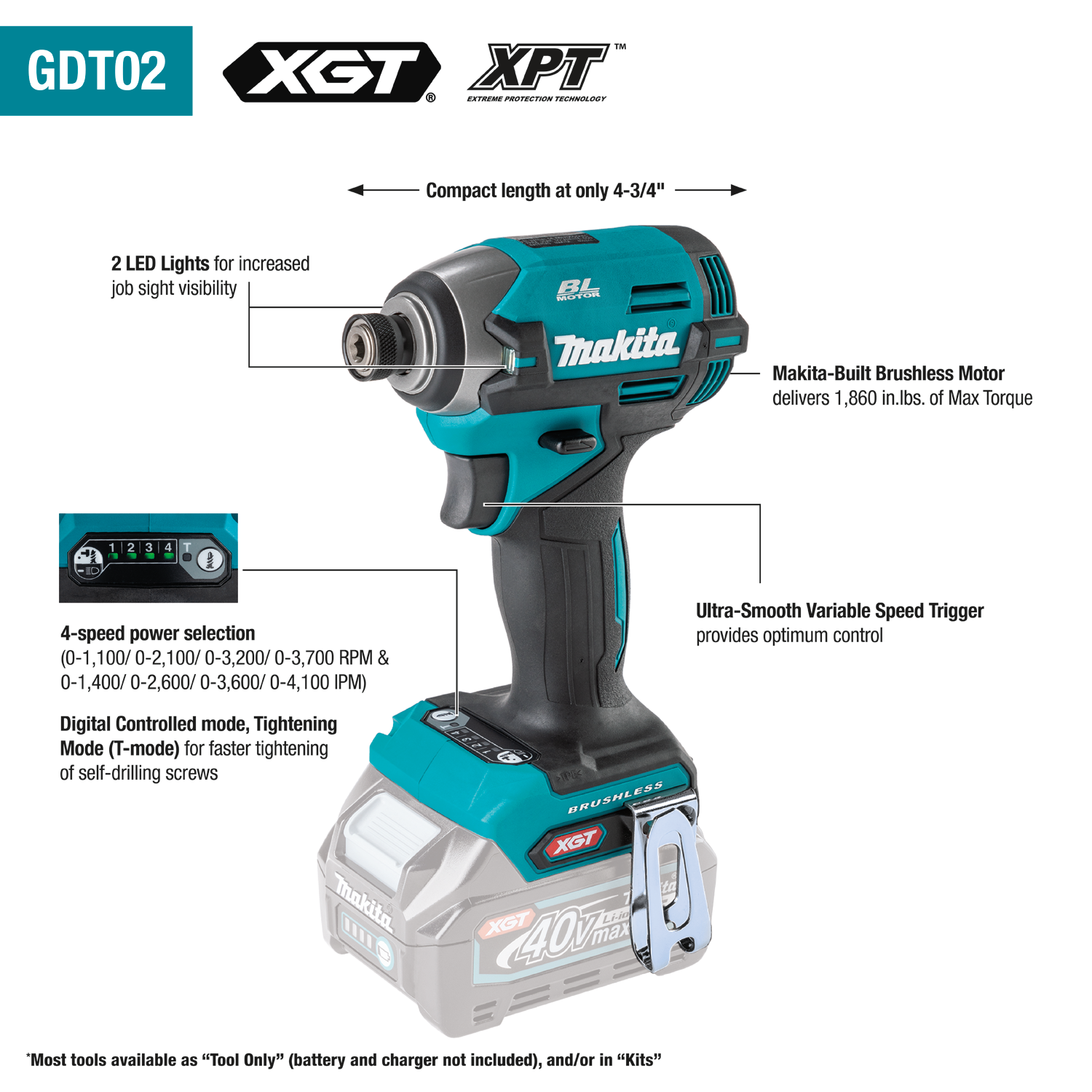 MAKITA GT201M1D1 40V MAX XGT 2PC COMBO KIT (Hammer Driver-Drill/Impact Driver)