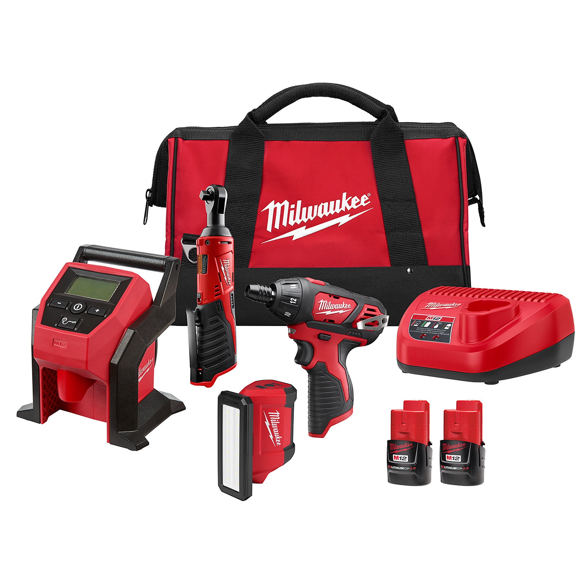 Milwaukee M12 12V Cordless 4-Tool Combo Kit with Screwdriver, Ratchet, Light and Inflator  2492-24