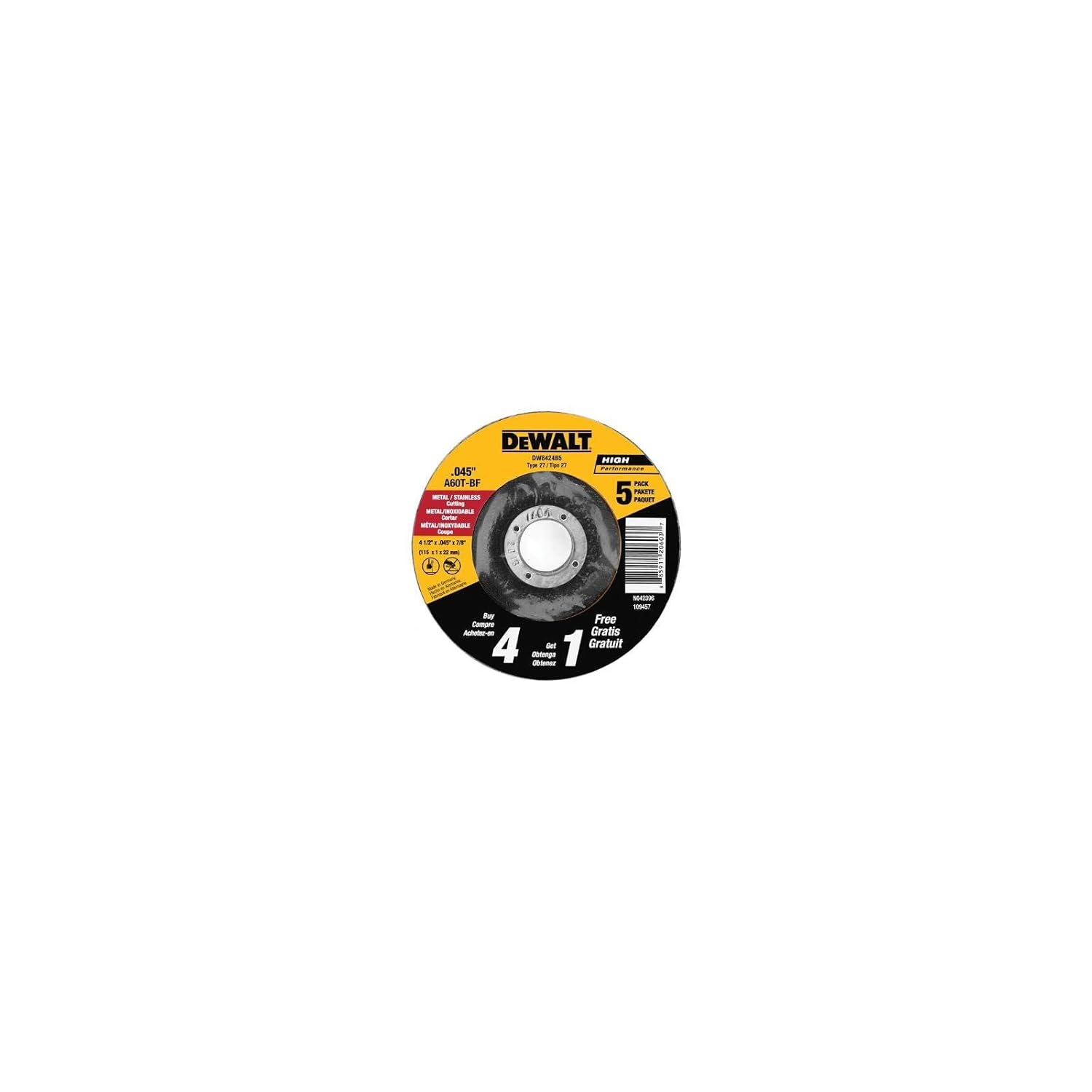 DeWalt DW8424B5 4-1/2x.045x7/8 THIN CUTTING WHL DCW 5
