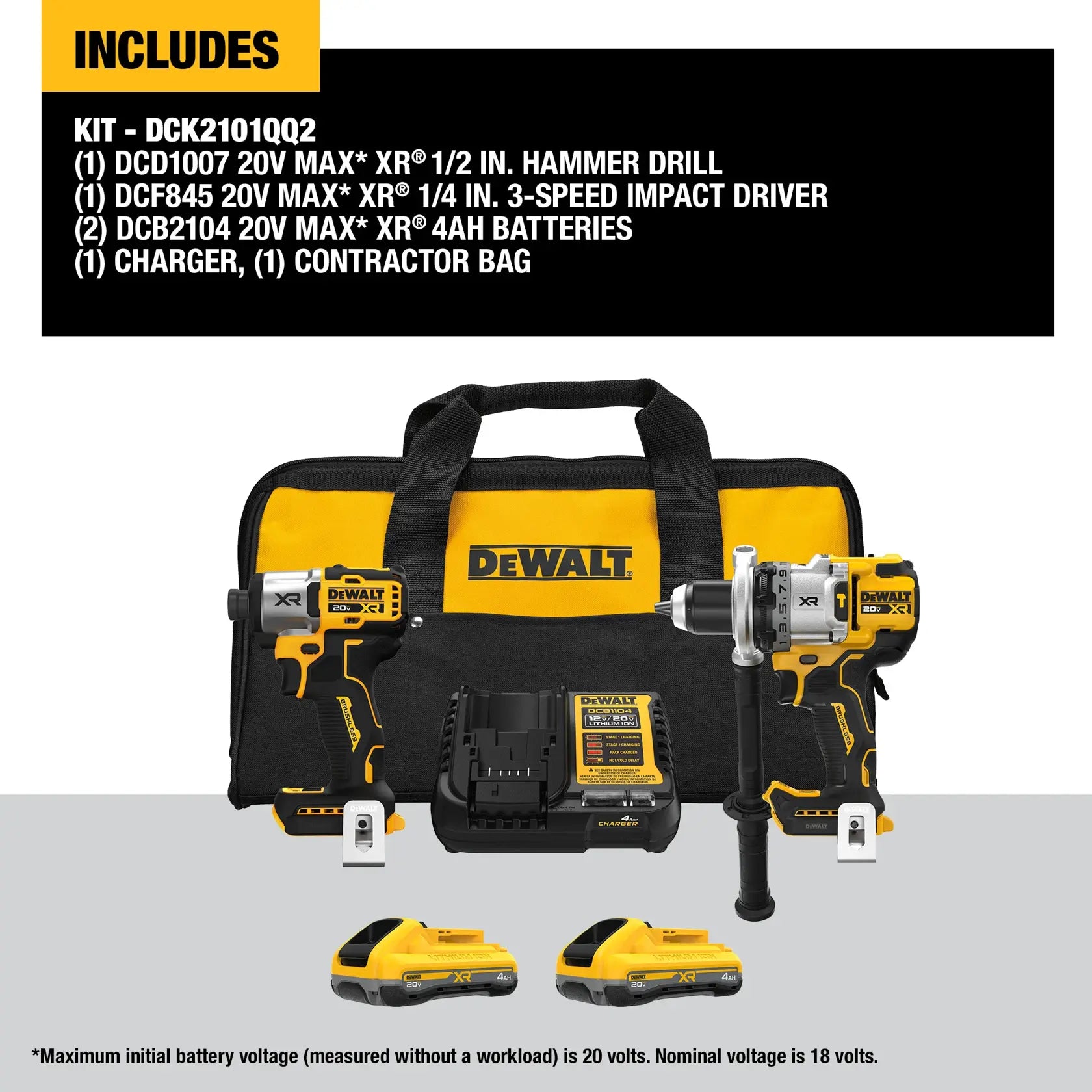 DeWalt DCK2101QQ1WW1 20V MAX* XR?Hammer Drill/Impact 2-Tool Combo Kit with XR POWERPACK?Batteries