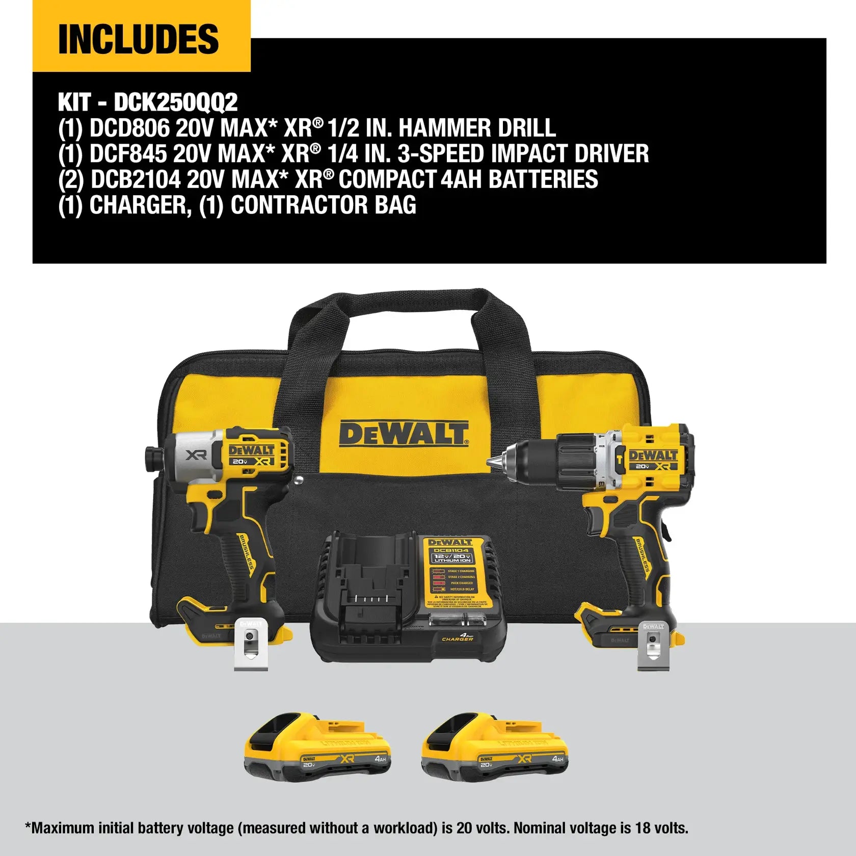 DeWalt DCK250QQ2 20V MAX* XR?2-Speed Hammer Drill/Impact 2-Tool Combo Kit with XR POWERPACK?Batteries