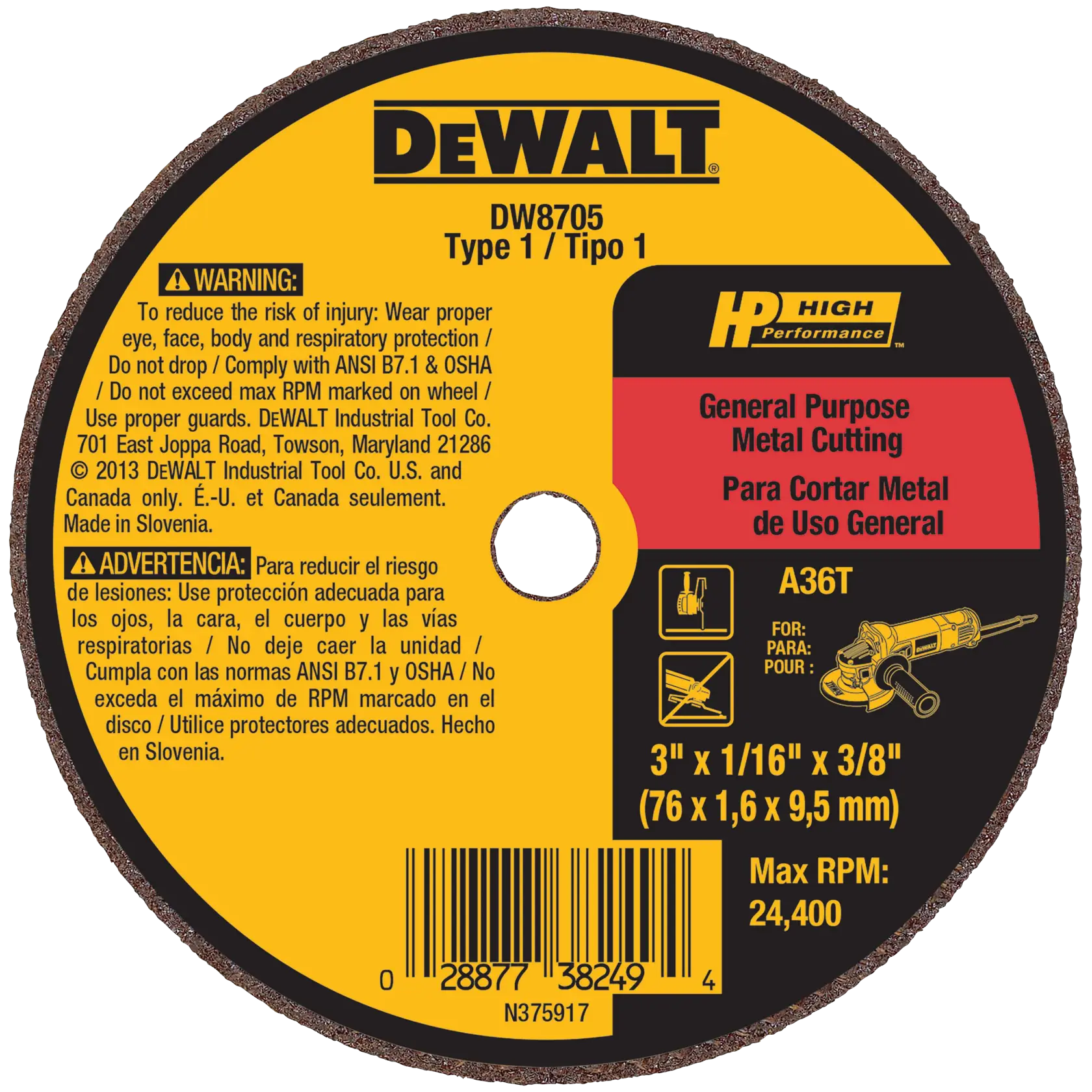 DeWalt DW8705 3 X 1/16 X 3/8 A36T