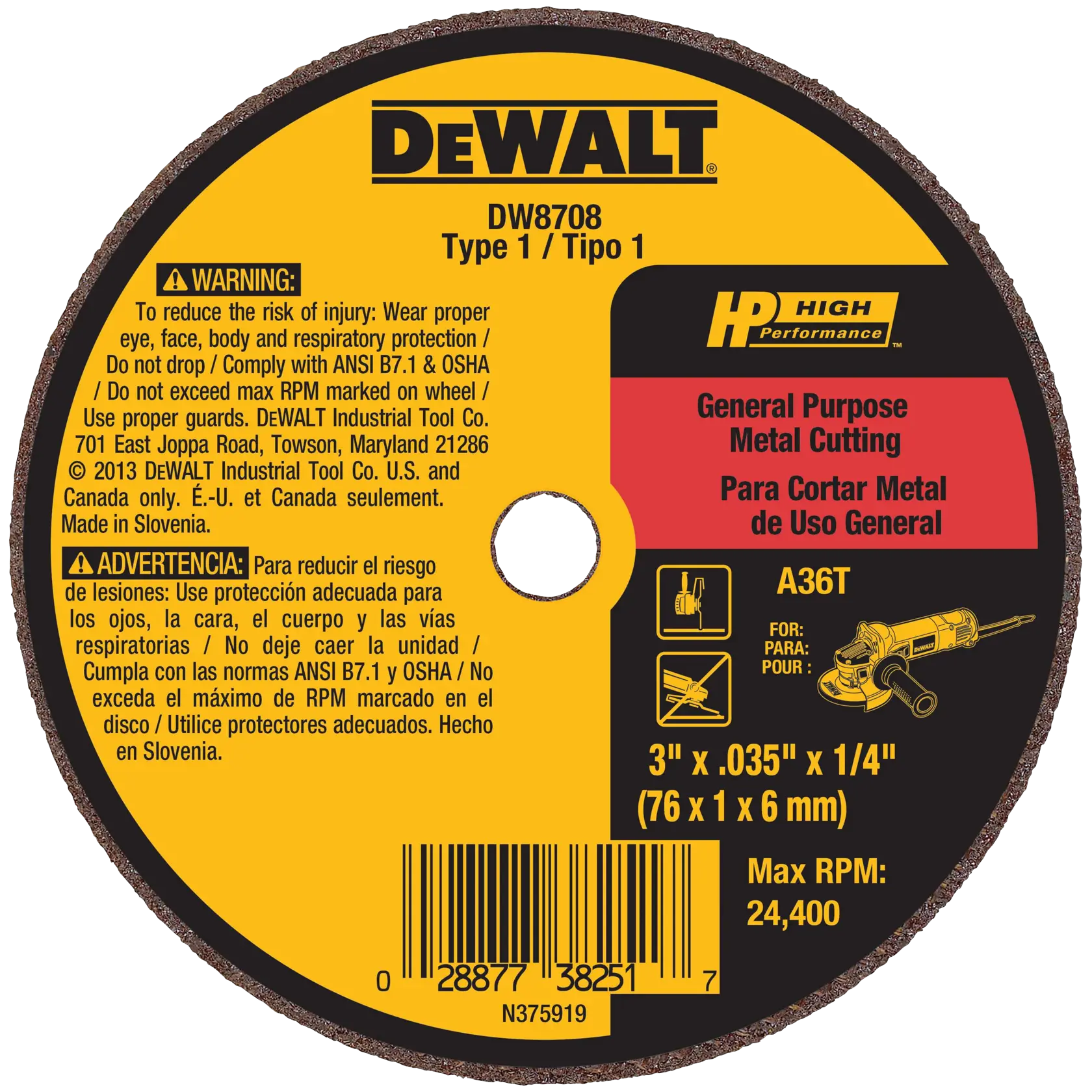 DeWalt DW8708 3 X .035 X 1/4 A36T