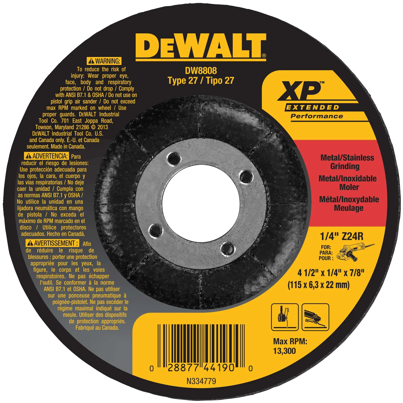 DeWalt DW8808 4-1/2 X 1/4 X 7/8 IN ZIRCONIA ABRASIVE