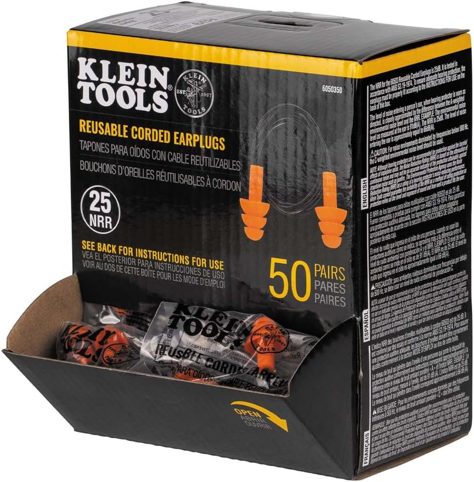 KLEIN 6050350 Corded Earplugs, 50-Pair Dispenser Pack