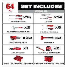 Milwaukee 48-22-9493 64pc. Hand Tool Set with PACKOUT™ 4-Drawer Tool Box