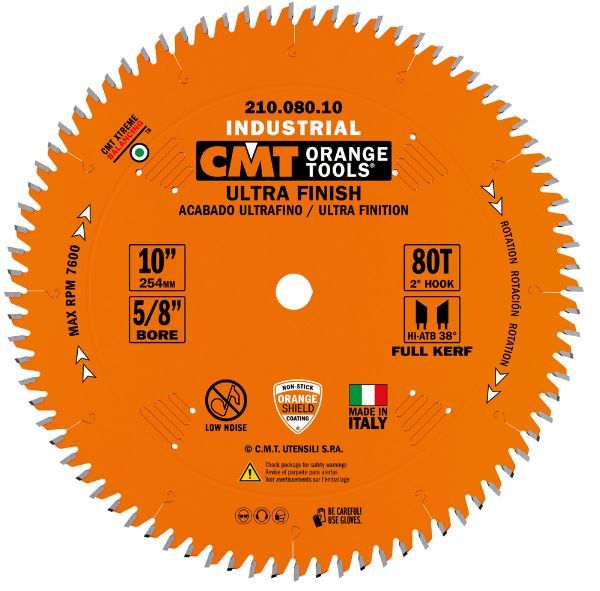 CMT 210.080.10 10" FULL-KERF INDUSTRIAL ULTRA-FINISH BLADE B=5/8" T=80 Hi-ATB