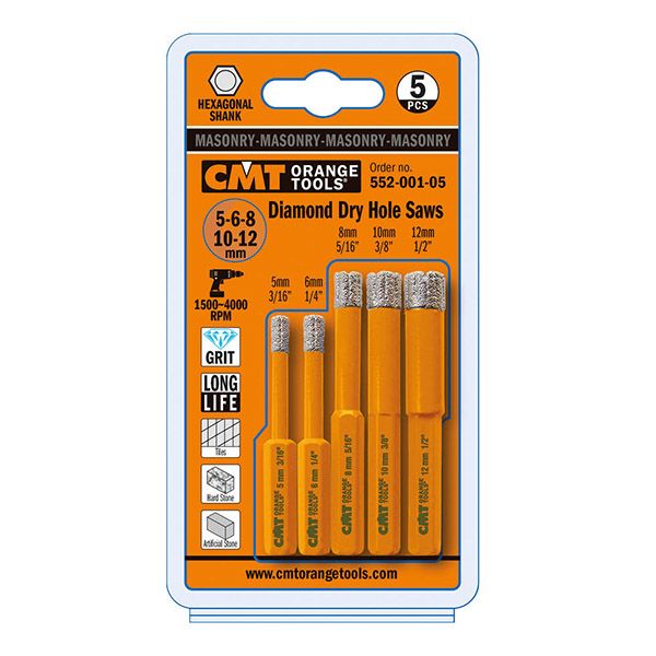 CMT 552-001-05 DIAMOND DRY HOLE SAW SET 3/16" - 1/4" - 5/16" - 3/8" - 1/2" (5-PC)