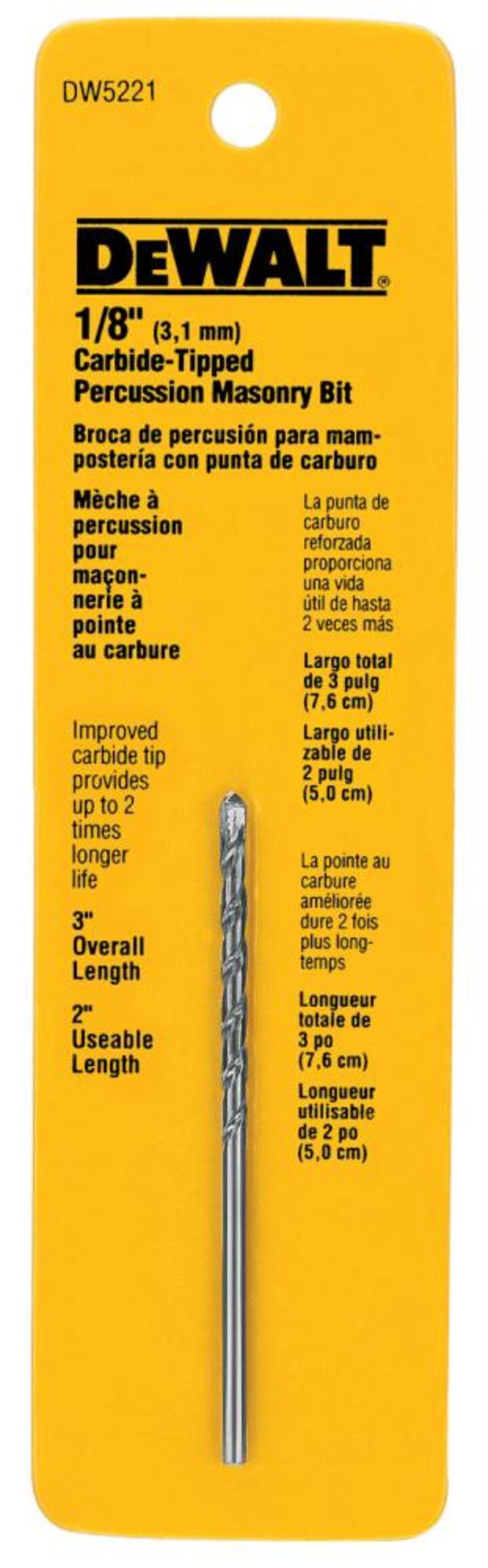 DeWalt DW5221 1/8IN X 3IN DRILL BIT PREMIUM PERCUSSION