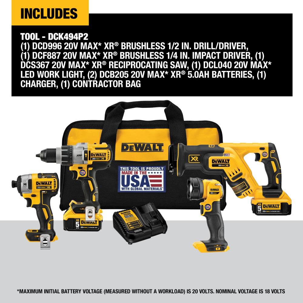 DeWalt DCK494P2 20V MAX XR LI-ION 4-TOOL COMBO KIT