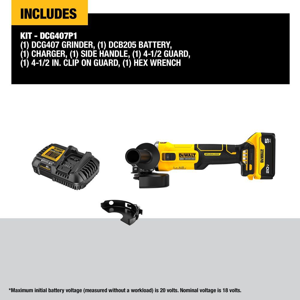 DeWalt DCG407P1 20V BL 4.5 IN ANGLE GRINDER - 5AH KIT