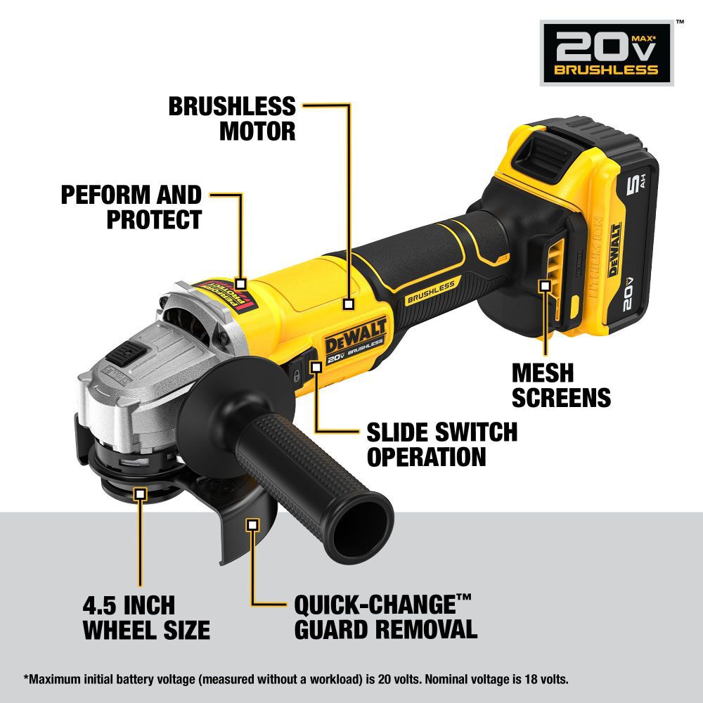 DeWalt DCG407P1 20V BL 4.5 IN ANGLE GRINDER - 5AH KIT