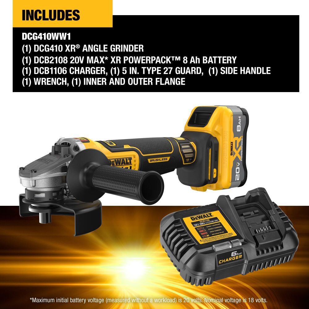 DeWalt DCG410WW1 20V MAX XR 4.5-5IN ANGLE GRINDER-8AH KIT