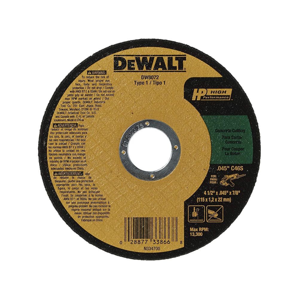 DeWalt DW8072 4-1/2 x.045 x 7/8 HP T1 Concrete Cutting